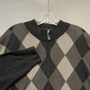 Greg Norman 1/4 Zip Sweater Mens 2XL Black Gray Mock Neck Argyle Golf Pullover
